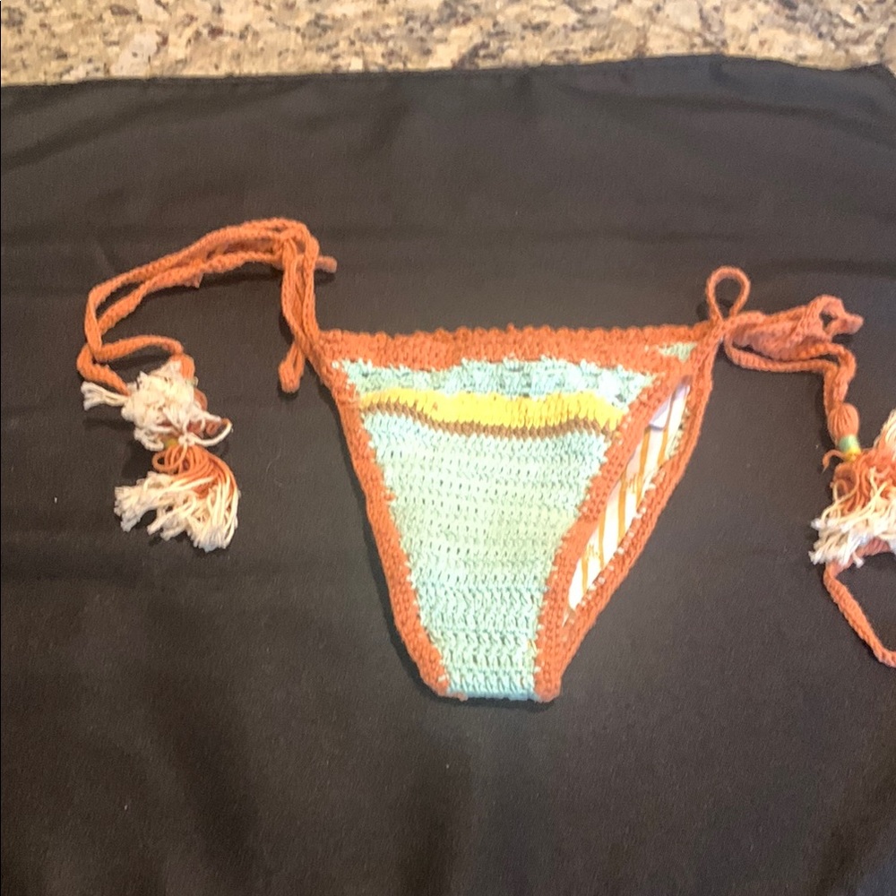 SHE MADE ME Crochet Bikini Bottom - Aqua and Rust
